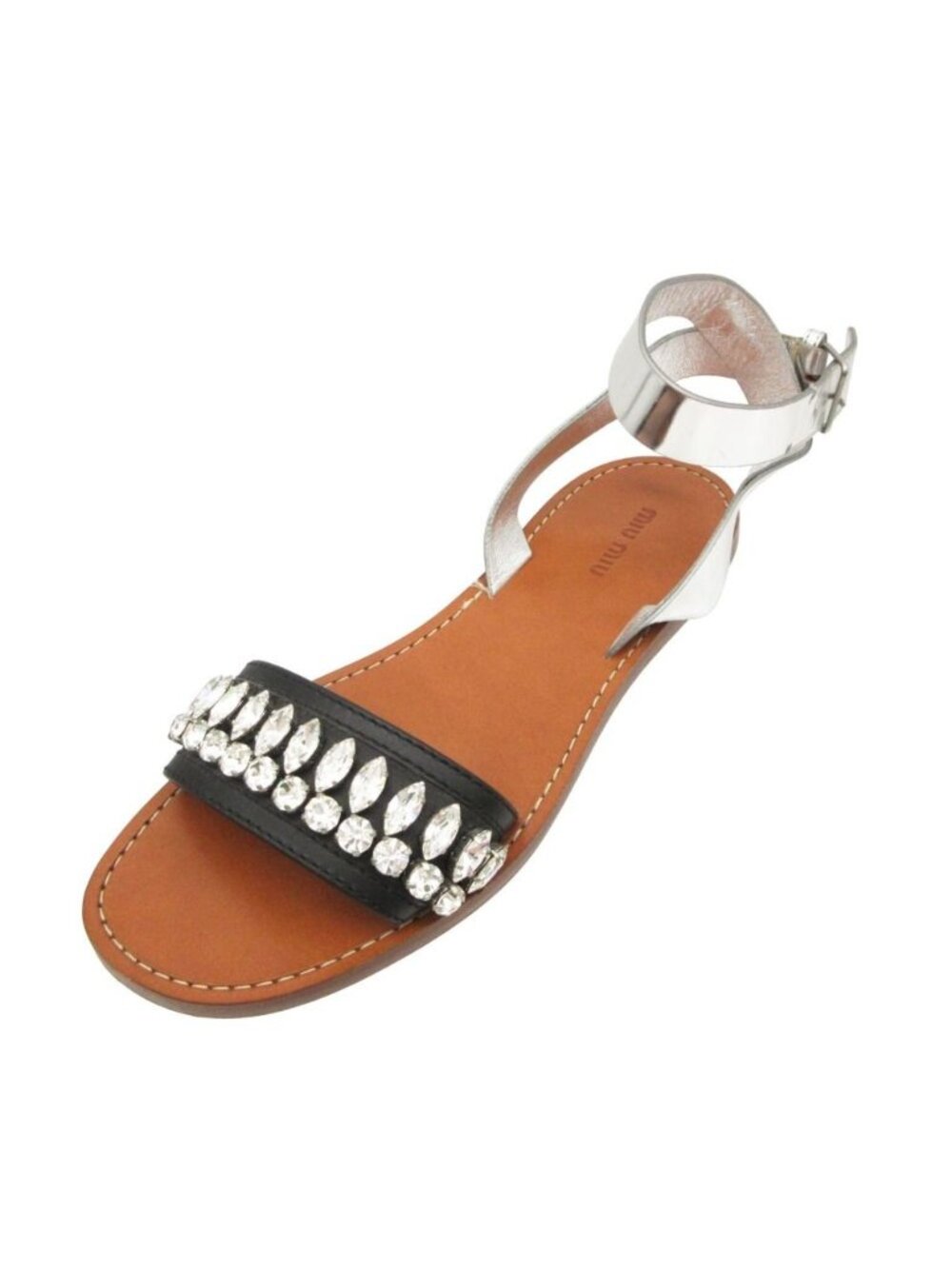 Miu Miu Sandals Flat Shoes Bijou Decoration Ankle Strap Belt Silver Black